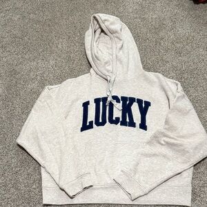 Lucky Brand oatmeal gray and navy cropped Hoodie